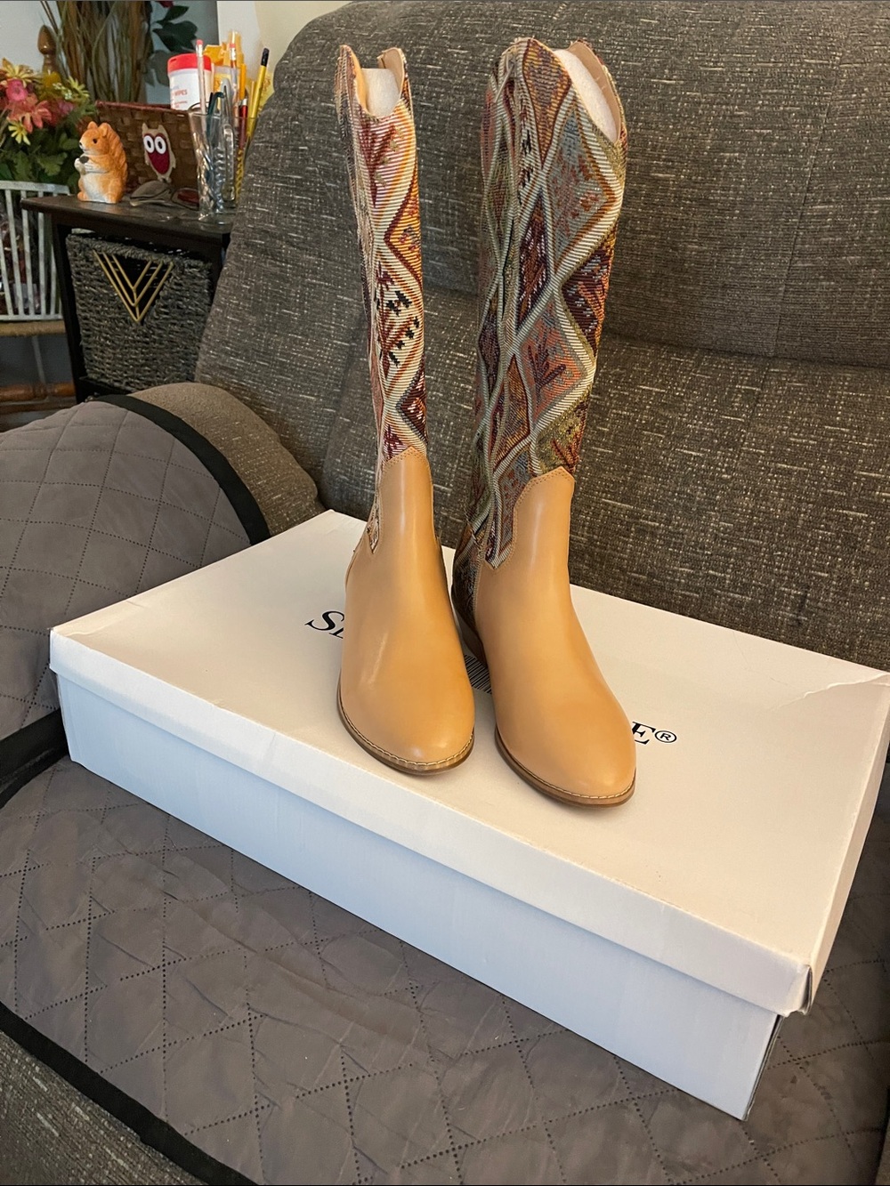 Patterned Shaft Tan Leather Heeled Boots, wide calf